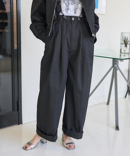 聯名 帶吊帶 大口袋2褶縐布褲