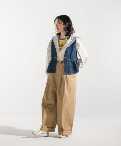 聯名 帶吊帶 大口袋2褶縐布褲