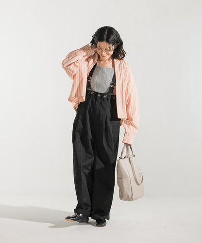 聯名 帶吊帶 大口袋2褶縐布褲