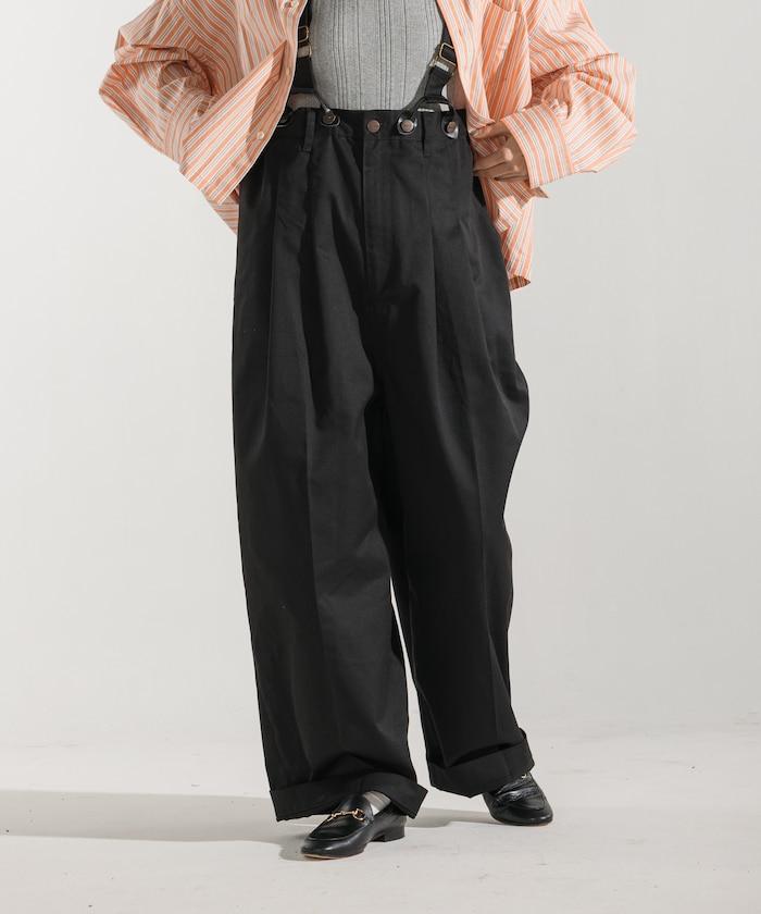 聯名 帶吊帶 大口袋2褶縐布褲