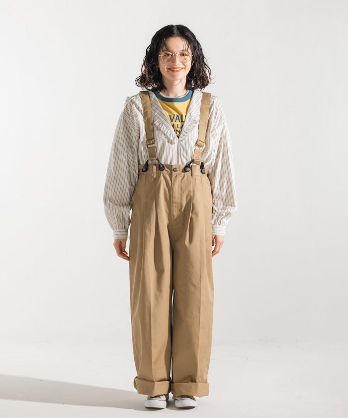 聯名 帶吊帶 大口袋2褶縐布褲