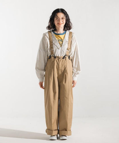 聯名 帶吊帶 大口袋2褶縐布褲