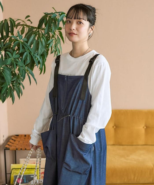 前拉鍊連衣裙 牛仔風/斑馬