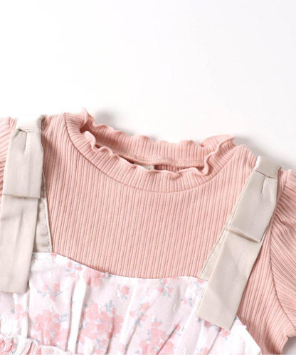 肩蝴蝶結花邊對接上衣