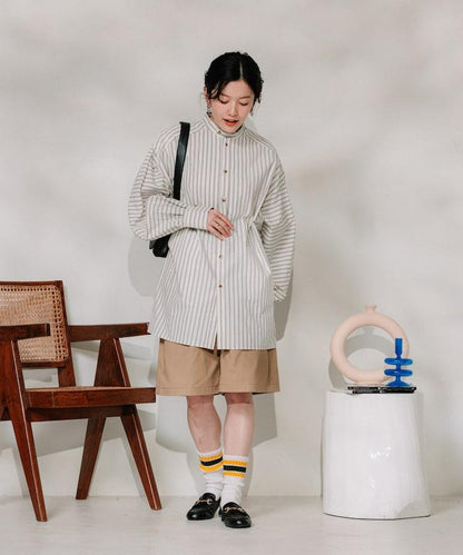 揹帶蝴蝶結條紋襯衫