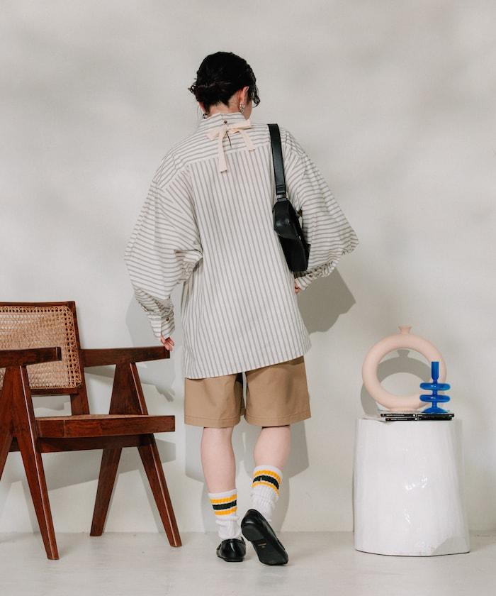 揹帶蝴蝶結條紋襯衫