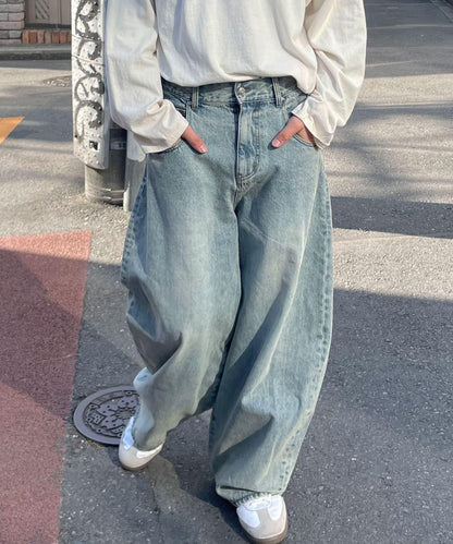 【藍色牛仔布/藍色牛仔布】寬鬆牛仔褲