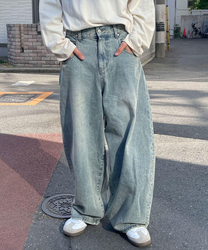 【藍色牛仔布/藍色牛仔布】寬鬆牛仔褲