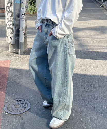 【藍色牛仔布/藍色牛仔布】寬鬆牛仔褲