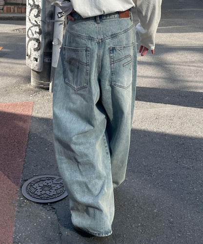 【藍色牛仔布/藍色牛仔布】寬鬆牛仔褲