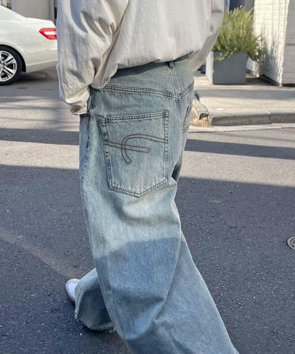 【藍色牛仔布/藍色牛仔布】寬鬆牛仔褲