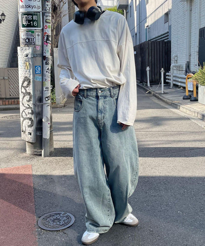 【藍色牛仔布/藍色牛仔布】寬鬆牛仔褲