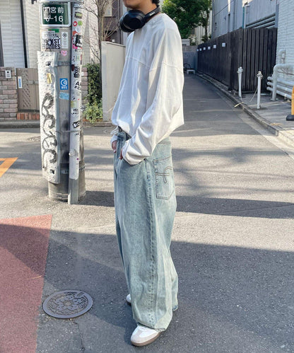 【藍色牛仔布/藍色牛仔布】寬鬆牛仔褲