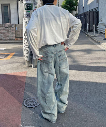 【藍色牛仔布/藍色牛仔布】寬鬆牛仔褲