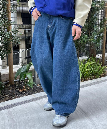 【藍色牛仔布/藍色牛仔布】寬鬆牛仔褲