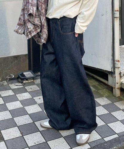 【藍色牛仔布/藍色牛仔布】寬鬆牛仔褲