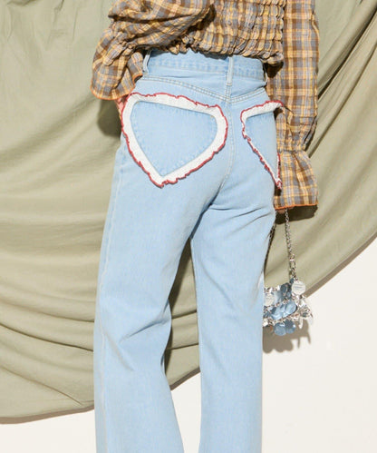 【HELLO.SANFRANCISCO】心形口袋蕾絲拼接喇叭牛仔褲