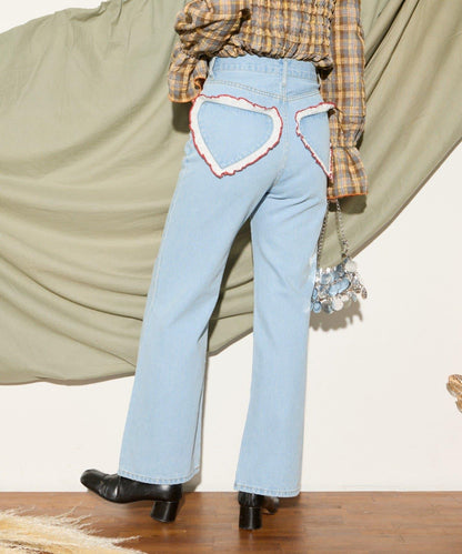 【HELLO.SANFRANCISCO】心形口袋蕾絲拼接喇叭牛仔褲