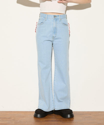 【HELLO.SANFRANCISCO】心形口袋蕾絲拼接喇叭牛仔褲