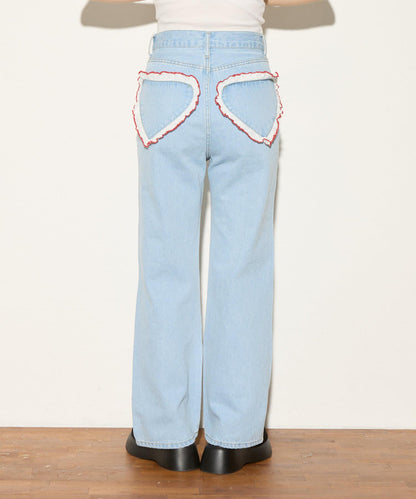 【HELLO.SANFRANCISCO】心形口袋蕾絲拼接喇叭牛仔褲