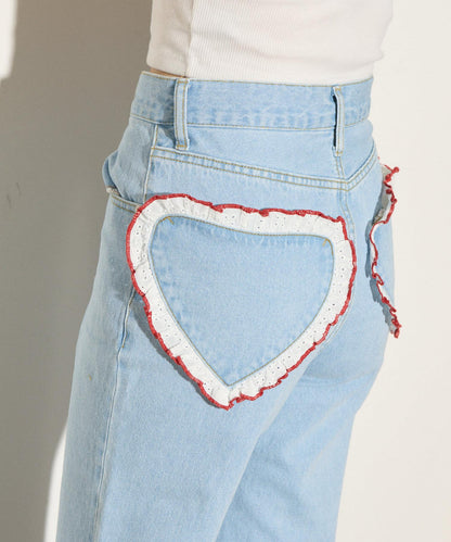 【HELLO.SANFRANCISCO】心形口袋蕾絲拼接喇叭牛仔褲