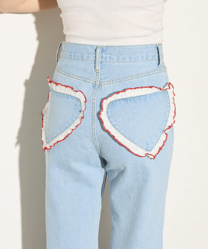 【HELLO.SANFRANCISCO】心形口袋蕾絲拼接喇叭牛仔褲