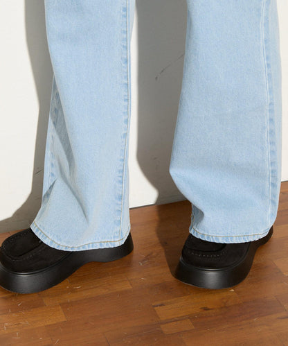 【HELLO.SANFRANCISCO】心形口袋蕾絲拼接喇叭牛仔褲