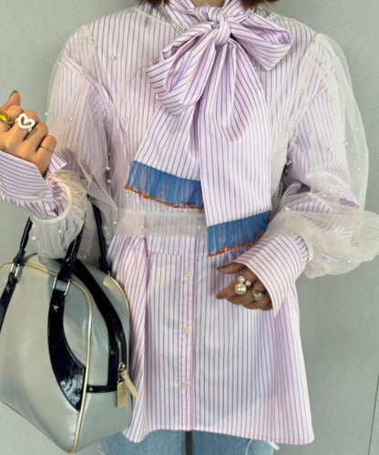 【HS】【momo企劃】條紋兩穿蝴蝶結襯衫