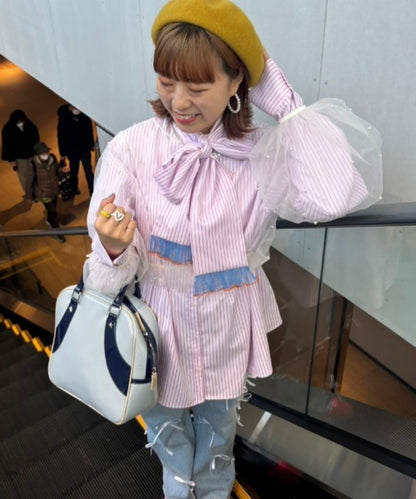 【HS】【momo企劃】條紋兩穿蝴蝶結襯衫