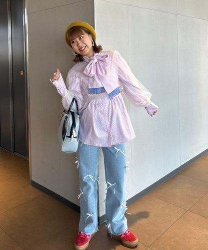 【HS】【momo企劃】條紋兩穿蝴蝶結襯衫