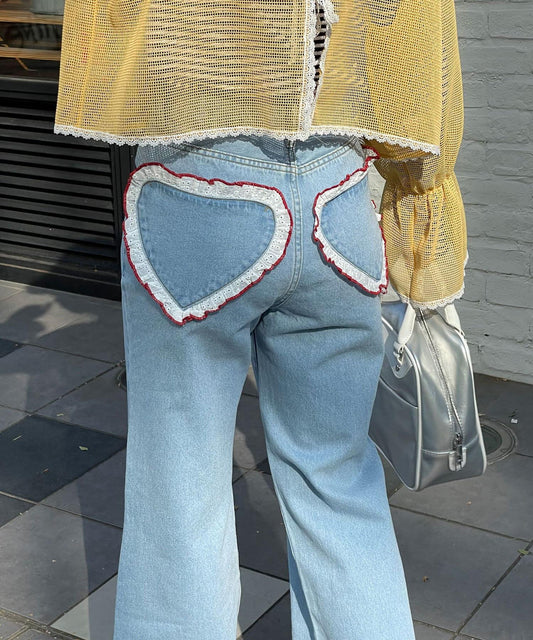【HELLO.SANFRANCISCO/你好，舊金山】心形口袋蕾絲拼接喇叭牛仔褲