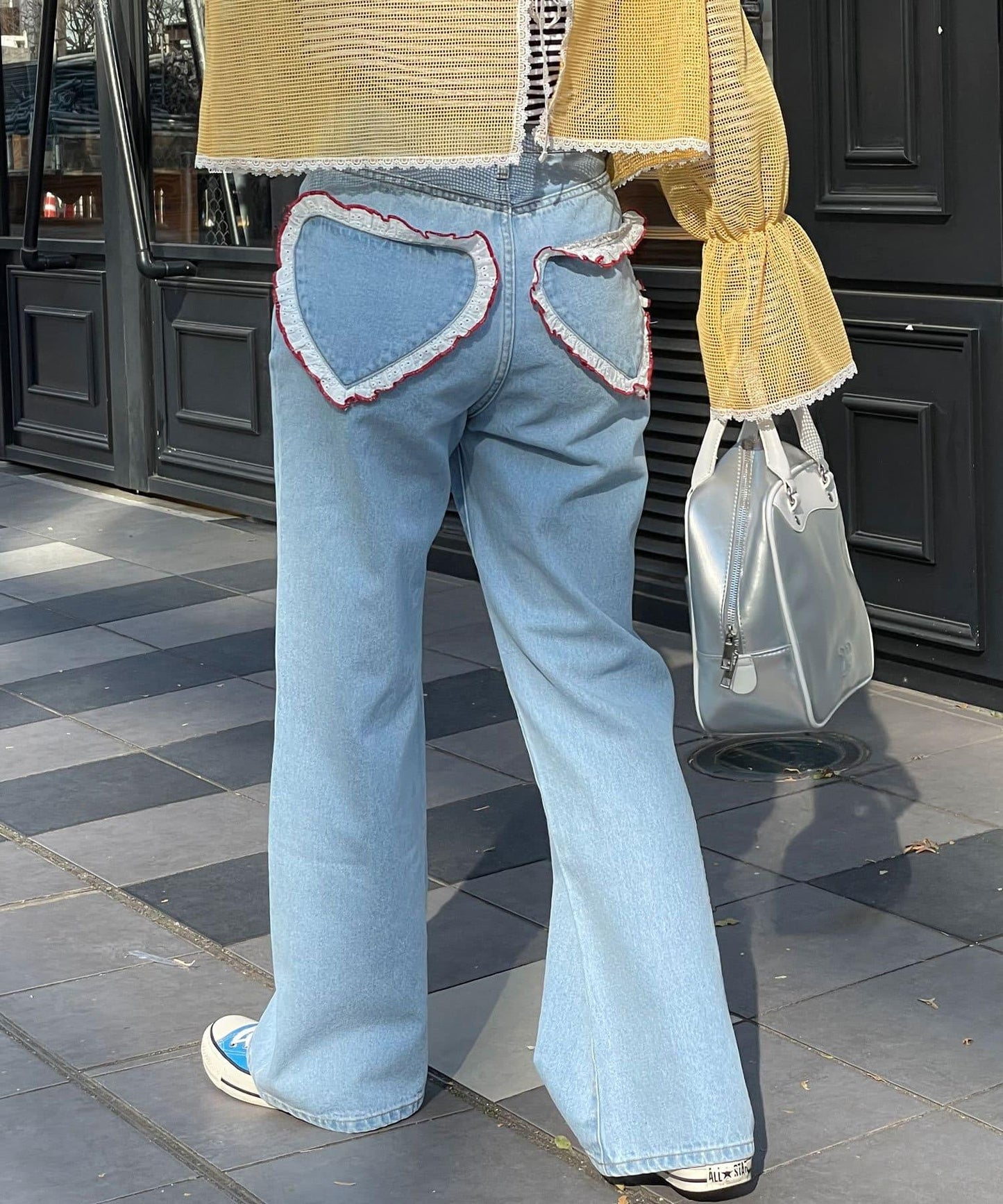 【HELLO.SANFRANCISCO/你好，舊金山】心形口袋蕾絲拼接喇叭牛仔褲