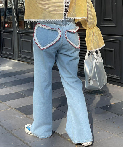 【HELLO.SANFRANCISCO/你好，舊金山】心形口袋蕾絲拼接喇叭牛仔褲