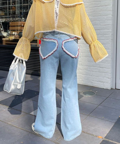 【HELLO.SANFRANCISCO/你好，舊金山】心形口袋蕾絲拼接喇叭牛仔褲