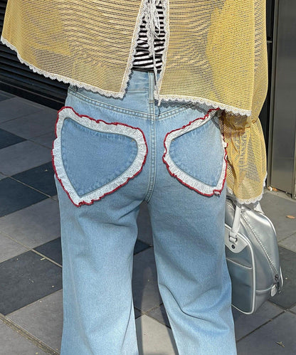【HELLO.SANFRANCISCO/你好，舊金山】心形口袋蕾絲拼接喇叭牛仔褲