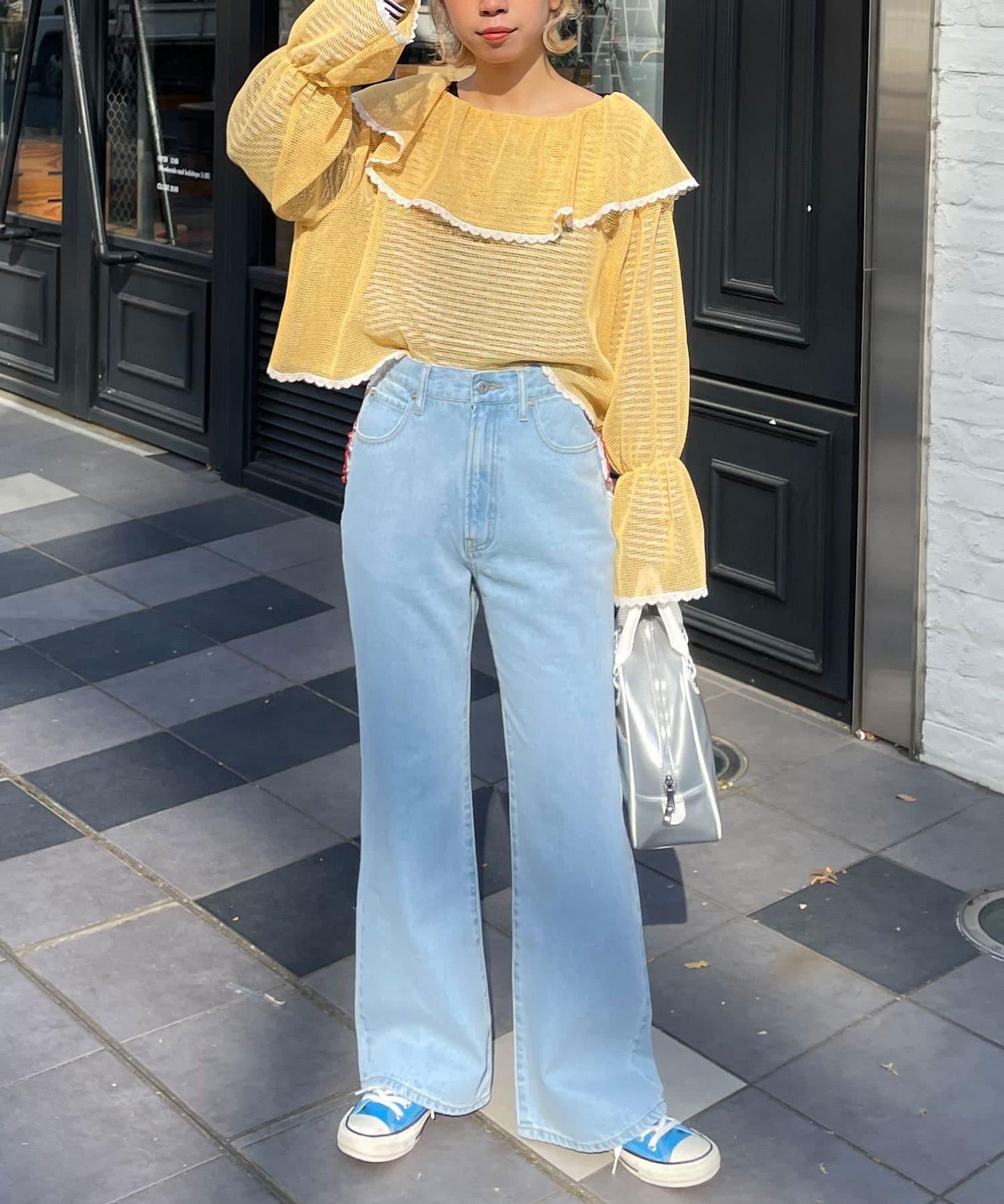 【HELLO.SANFRANCISCO/你好，舊金山】心形口袋蕾絲拼接喇叭牛仔褲