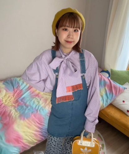 【HS】【momo企劃】條紋兩穿蝴蝶結襯衫