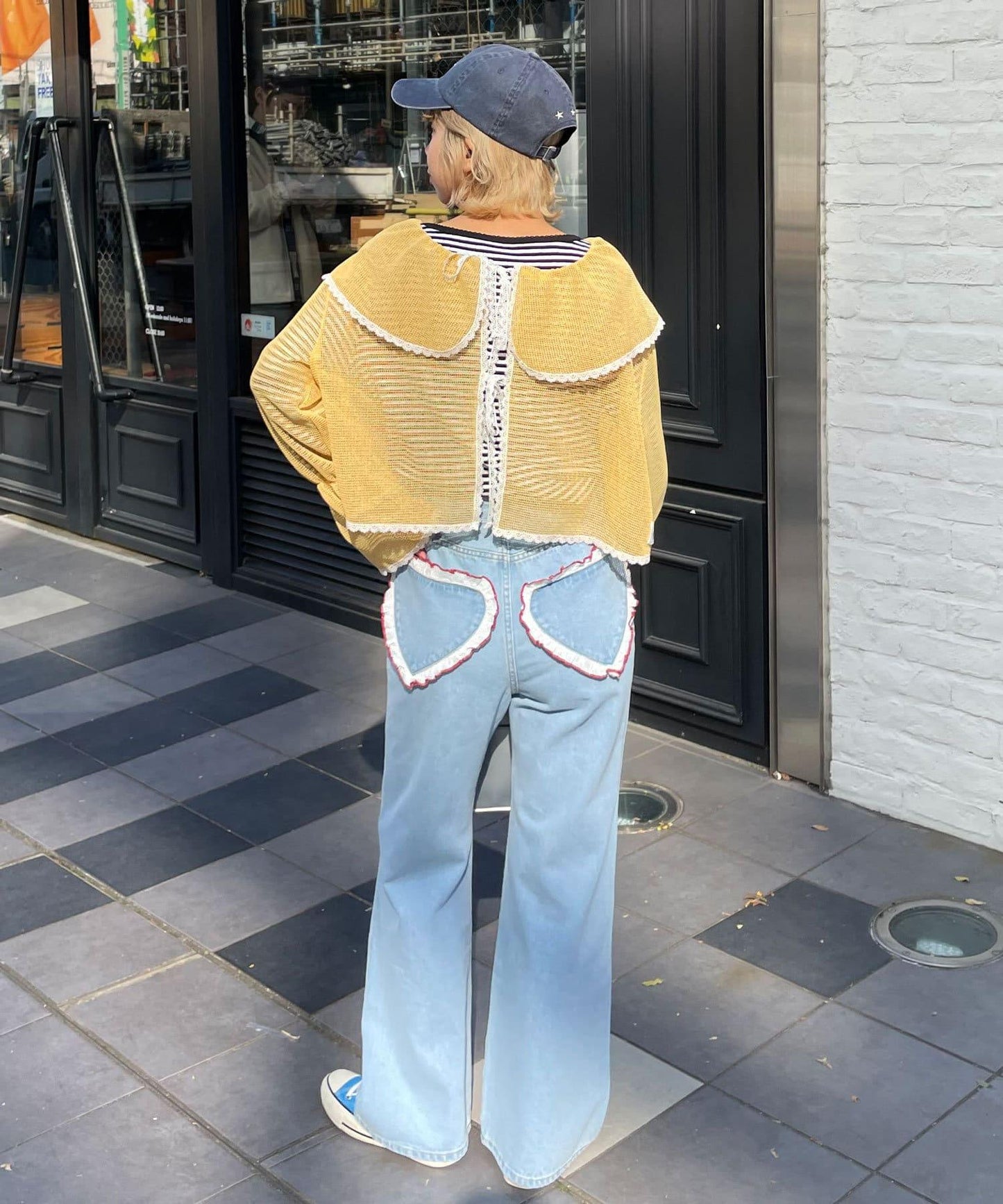 【HELLO.SANFRANCISCO/你好，舊金山】心形口袋蕾絲拼接喇叭牛仔褲