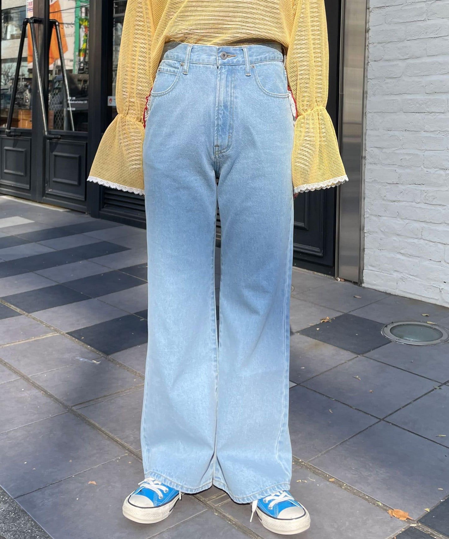 【HELLO.SANFRANCISCO/你好，舊金山】心形口袋蕾絲拼接喇叭牛仔褲