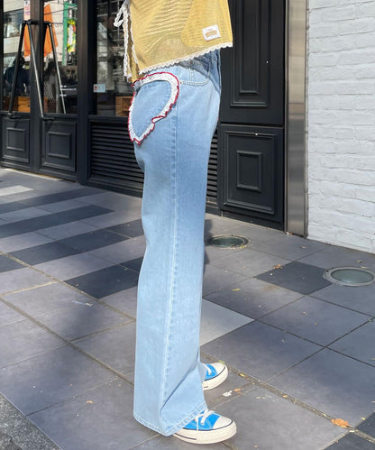 【HELLO.SANFRANCISCO/你好，舊金山】心形口袋蕾絲拼接喇叭牛仔褲