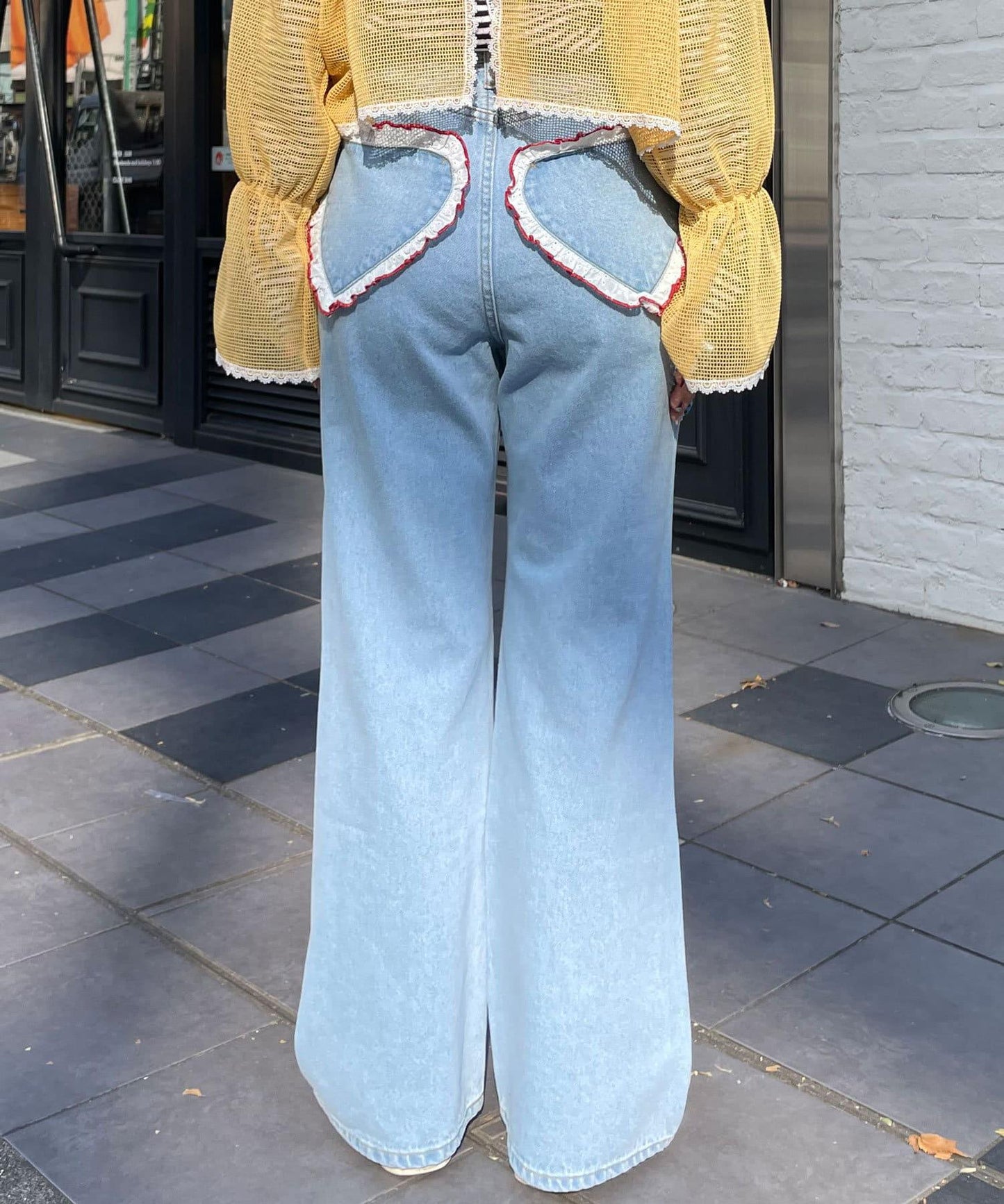 【HELLO.SANFRANCISCO/你好，舊金山】心形口袋蕾絲拼接喇叭牛仔褲