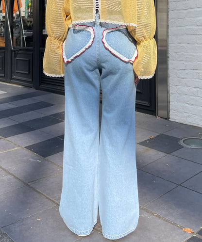 【HELLO.SANFRANCISCO/你好，舊金山】心形口袋蕾絲拼接喇叭牛仔褲