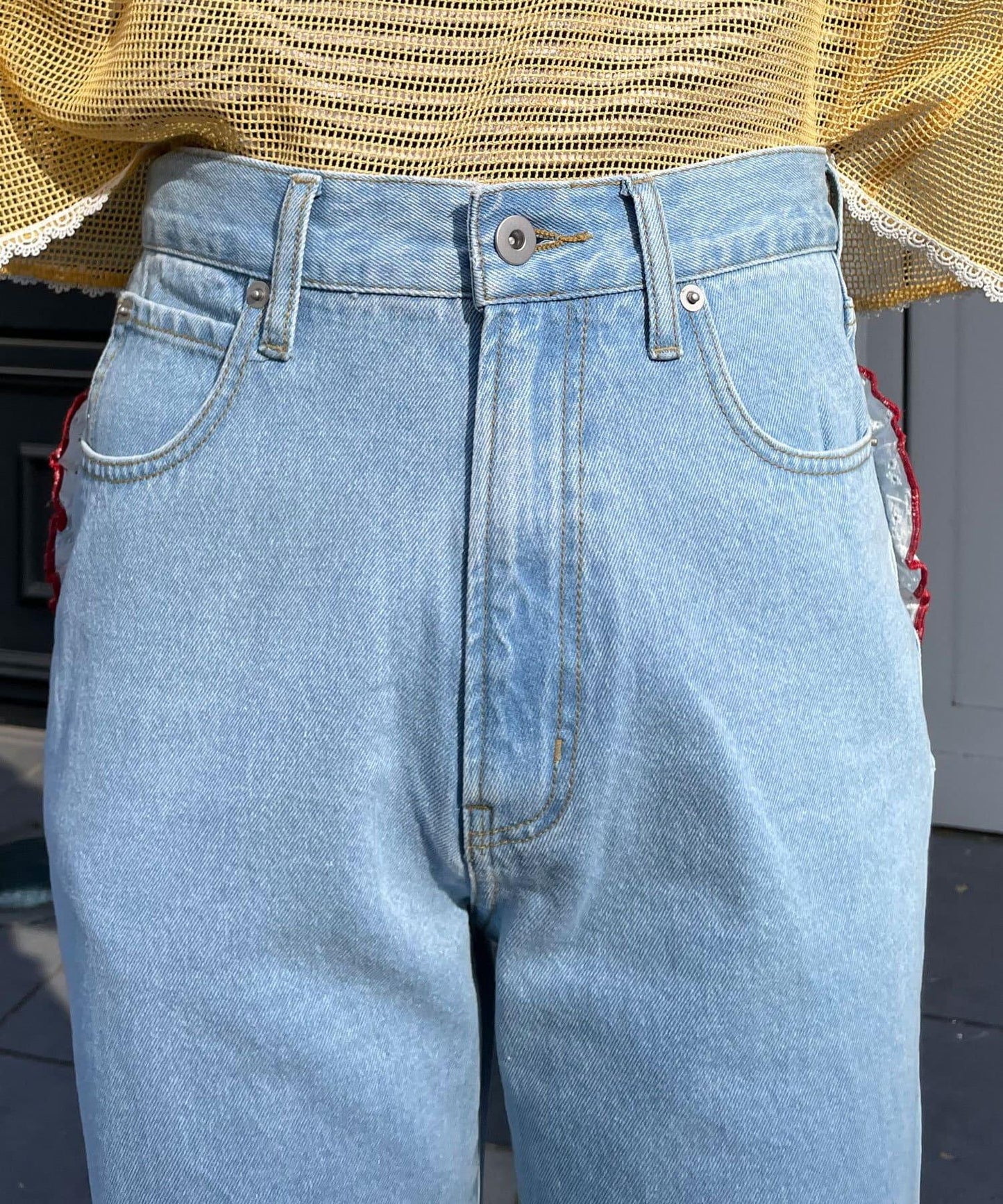 【HELLO.SANFRANCISCO/你好，舊金山】心形口袋蕾絲拼接喇叭牛仔褲