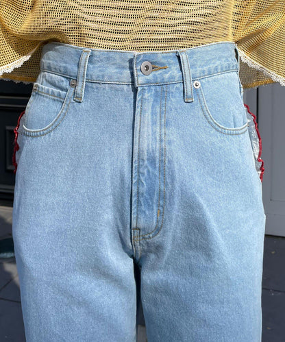 【HELLO.SANFRANCISCO/你好，舊金山】心形口袋蕾絲拼接喇叭牛仔褲