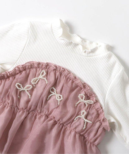 珍珠蝴蝶結拼接上衣