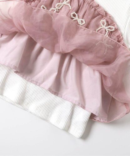 珍珠蝴蝶結拼接上衣