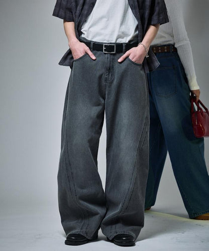 復古水洗弧線牛仔褲