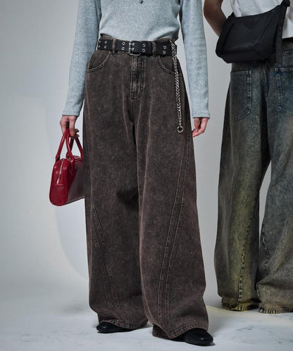 復古水洗弧線牛仔褲