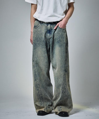 復古水洗弧線牛仔褲