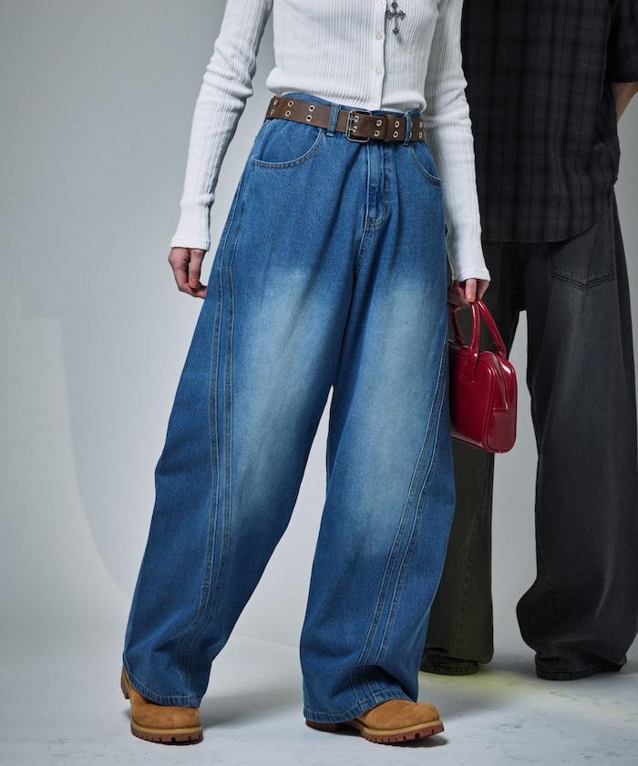 復古水洗弧線牛仔褲